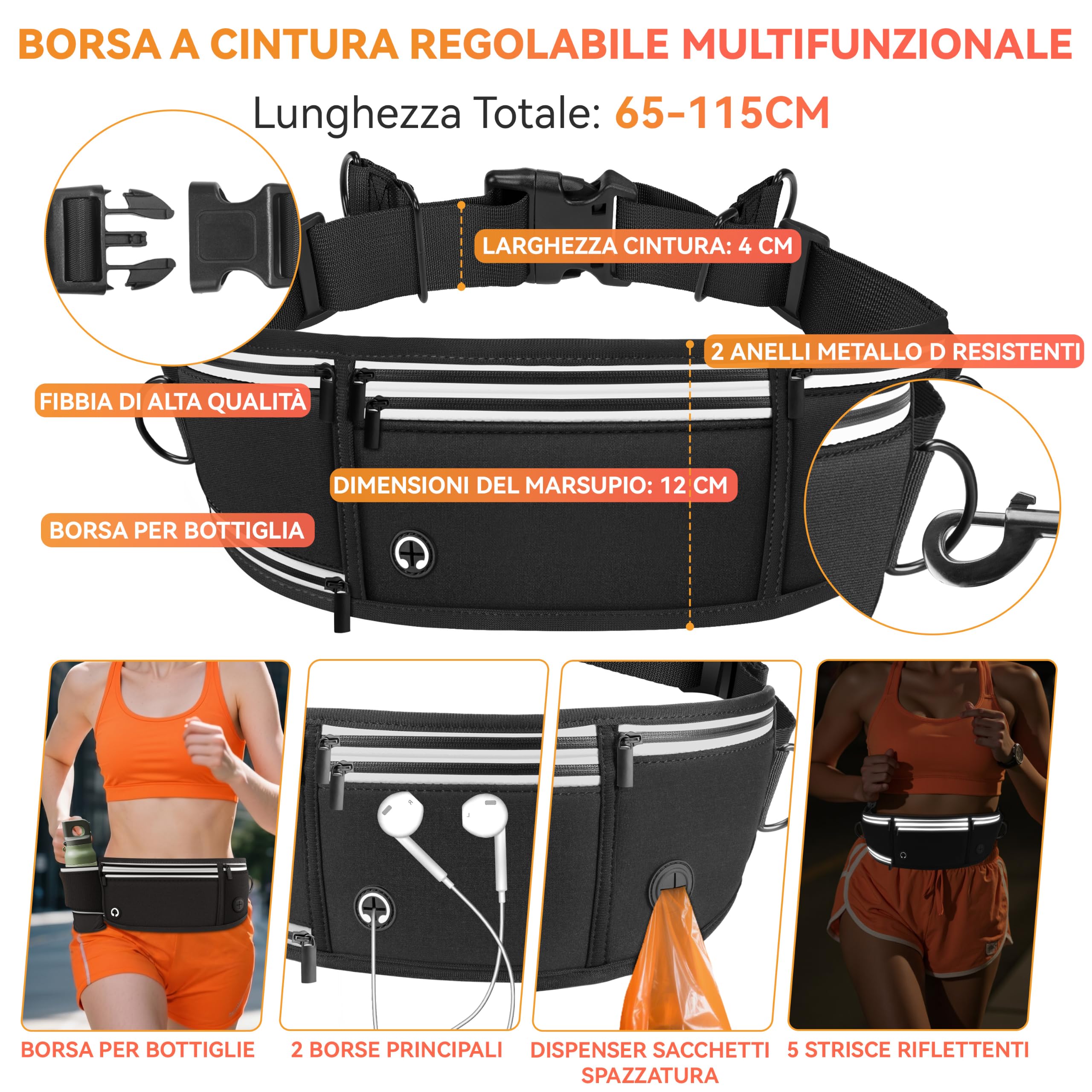 Looxmeer guinzaglio mani libere per cani nero elastico