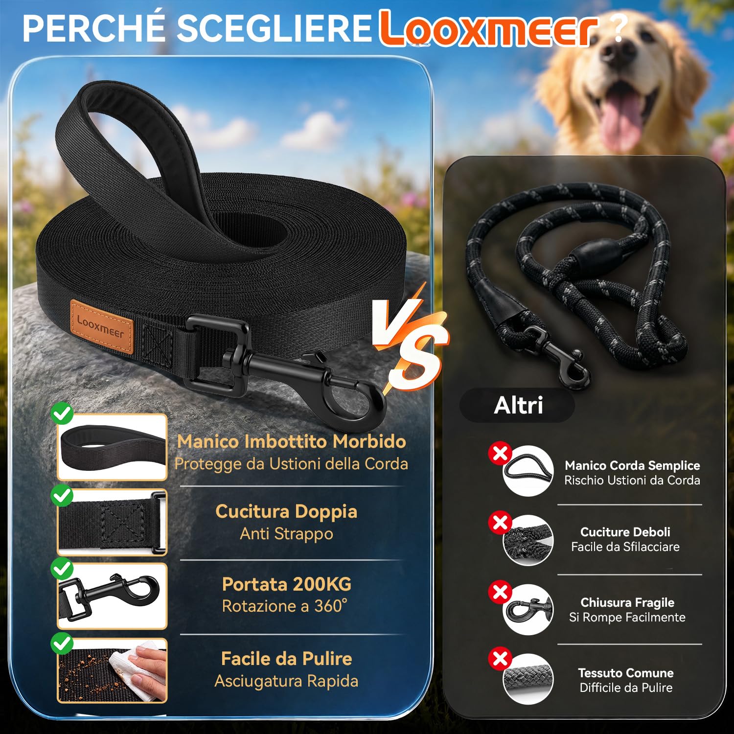 Looxmeer Guinzaglio Addestramento cane nero in nylon