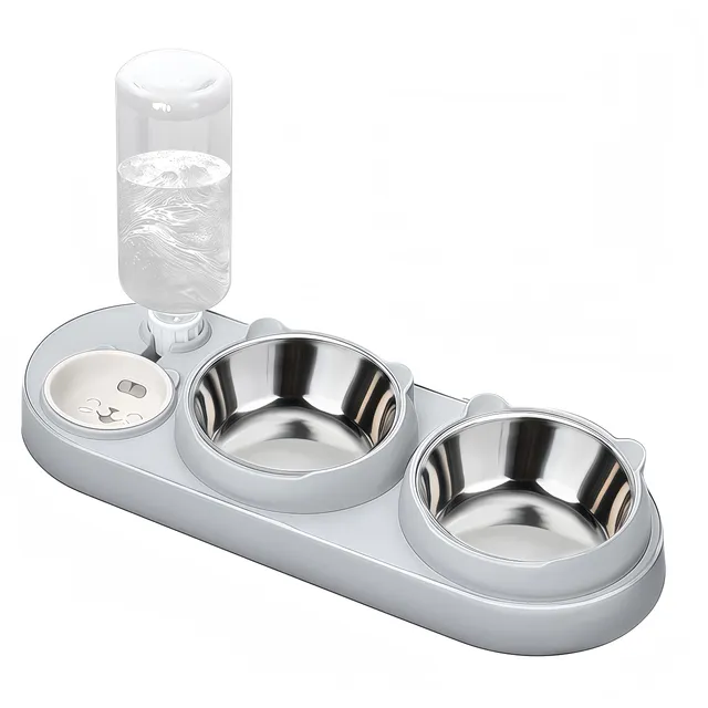 Marchul Set Ciotole Gatto 3in1 Acciaio Grigio Rialzato