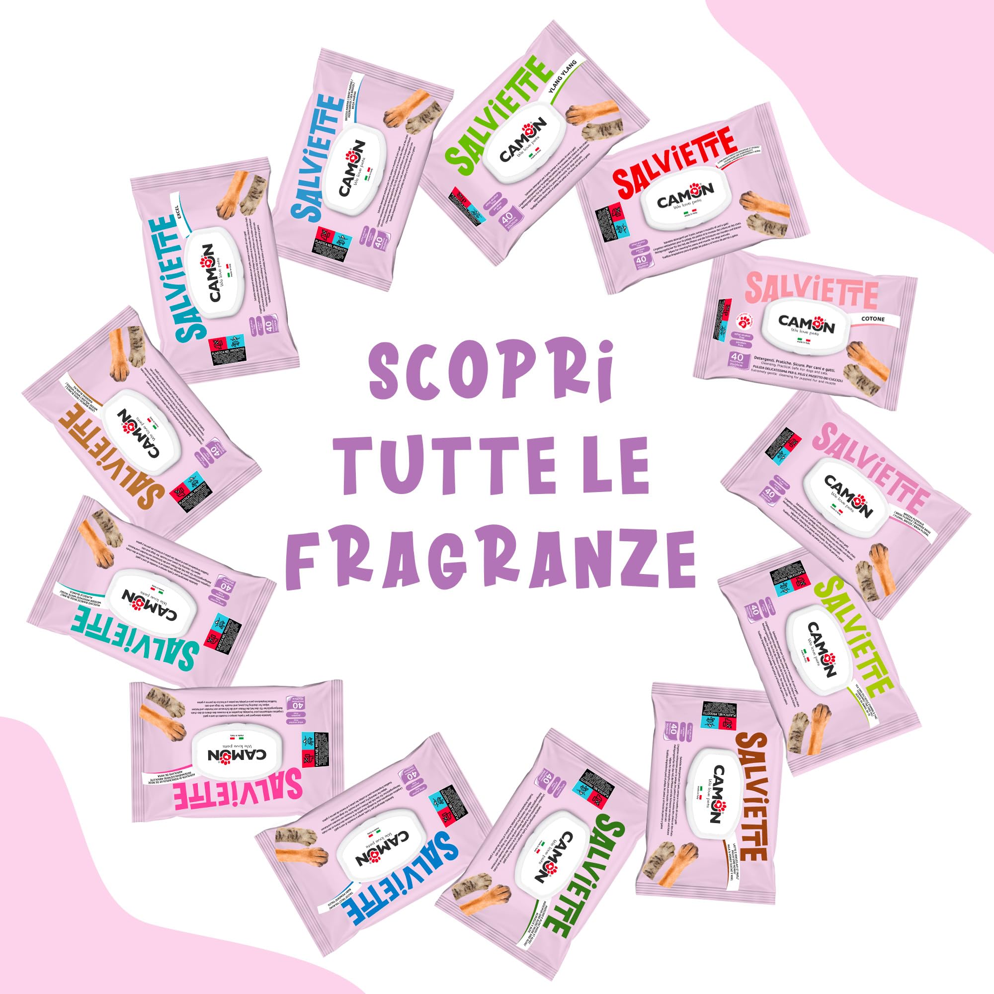 Camon Salviette Detergenti Cani e Gatti 40 Pezzi Muschio Bianco