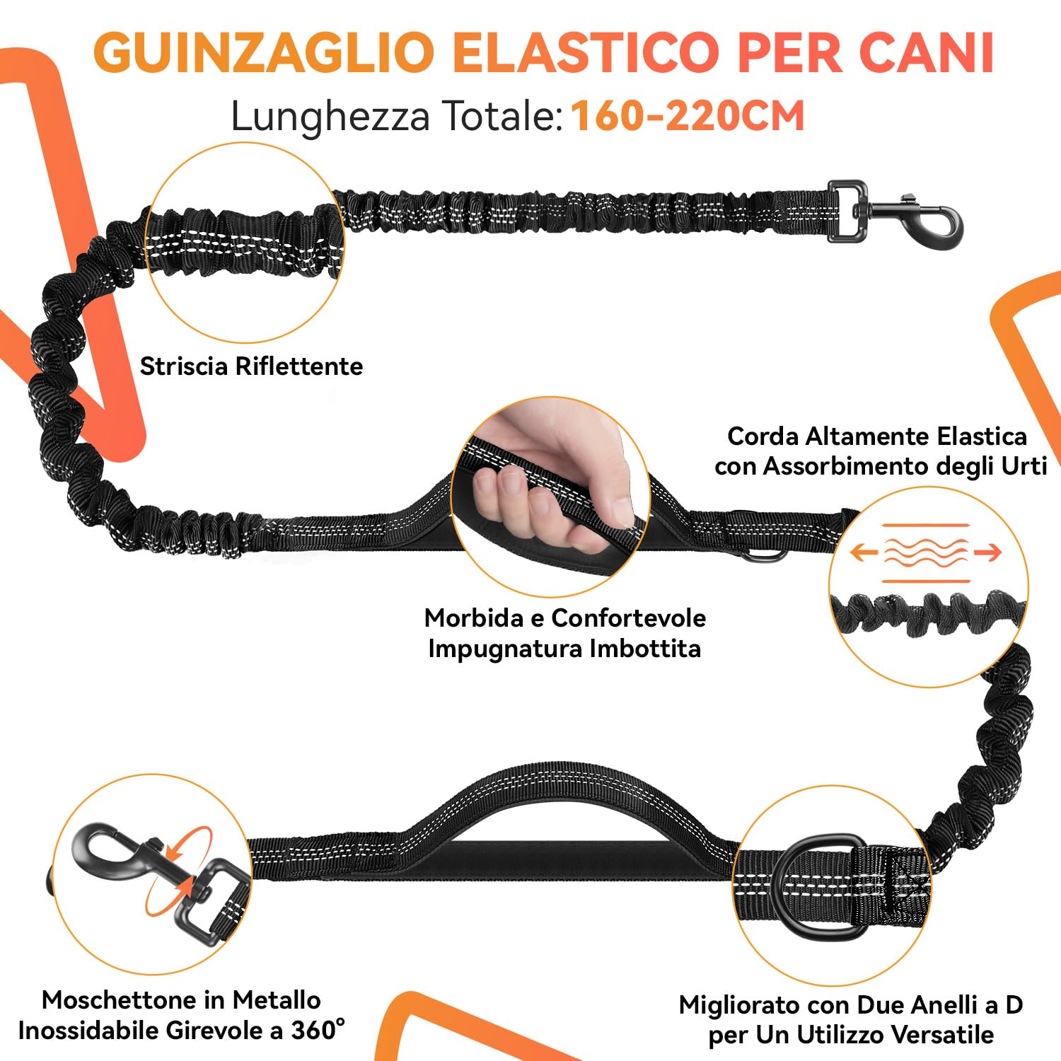 Looxmeer guinzaglio mani libere per cani nero elastico