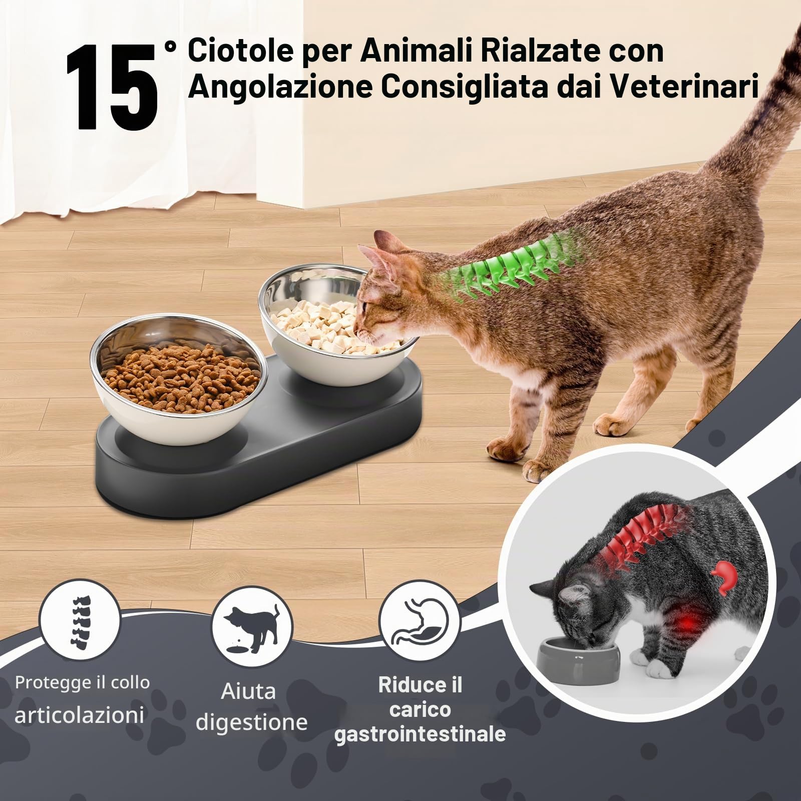 Marchul Ciotole doppie gatti acciaio inox rialzate 15°