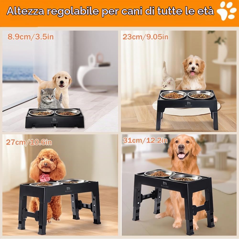 Marchul ciotole rialzate cani 4 altezze 2 inox antiscivolo