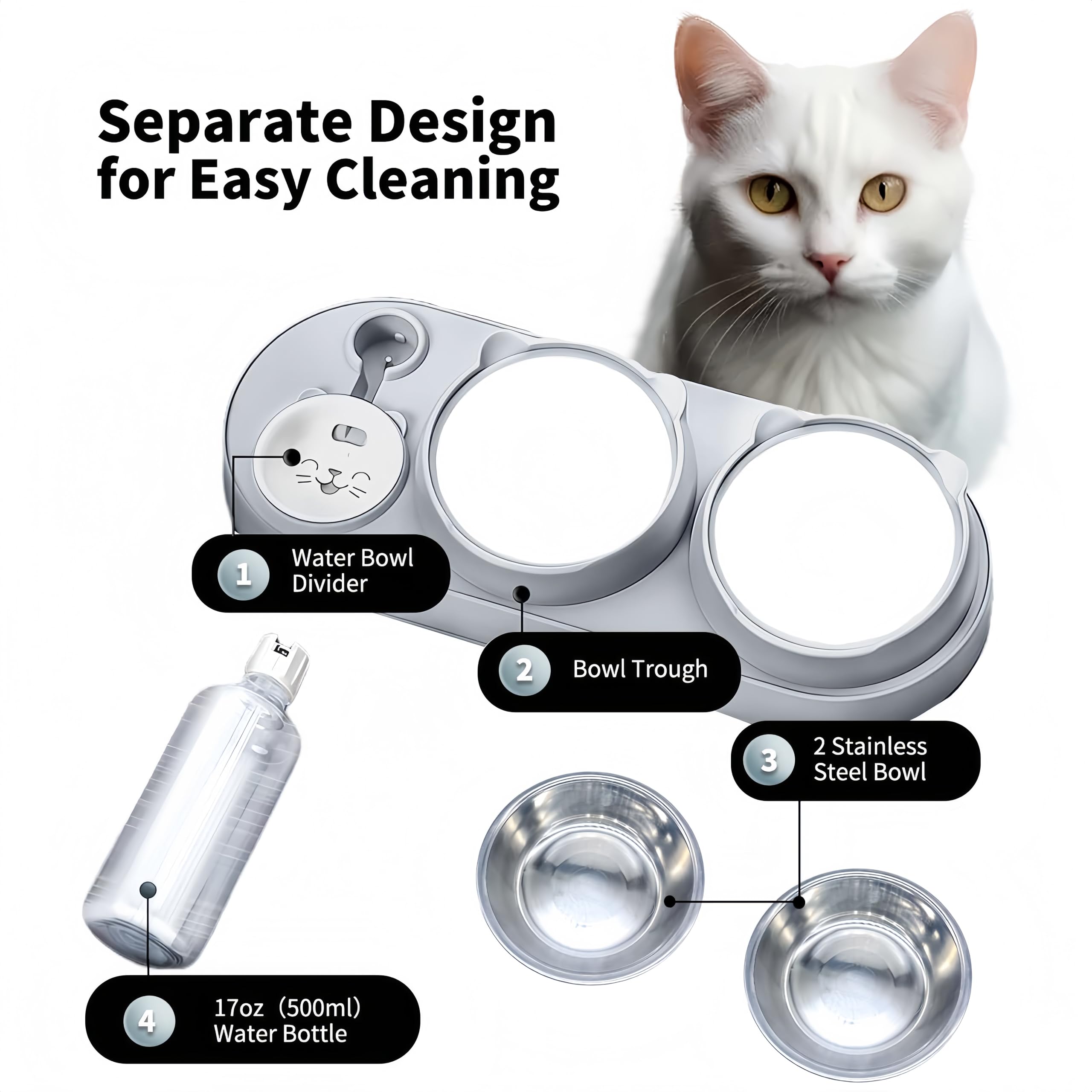 Marchul Set Ciotole Gatto 3in1 Acciaio Grigio Rialzato