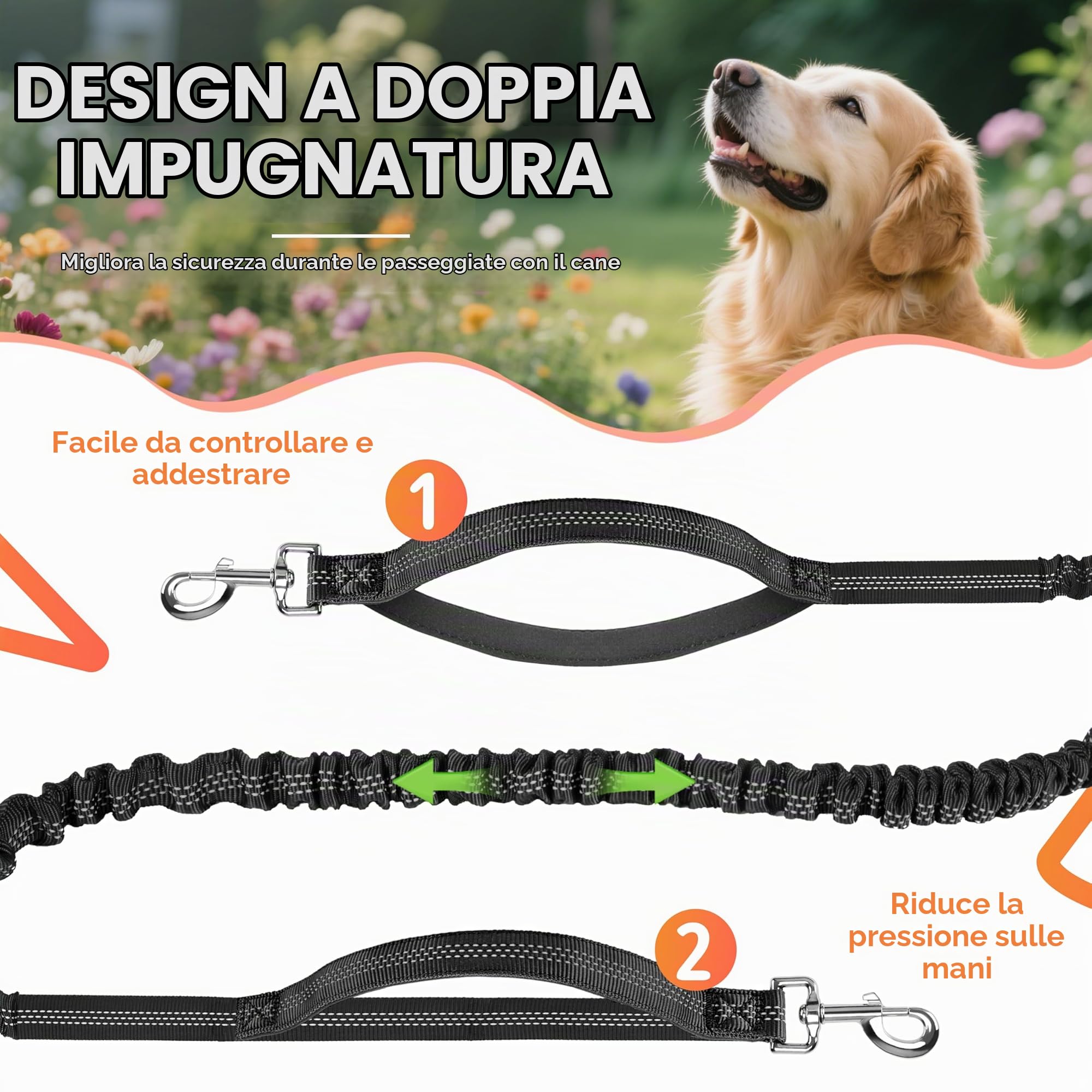 Looxmeer guinzaglio mani libere per cani nero elastico