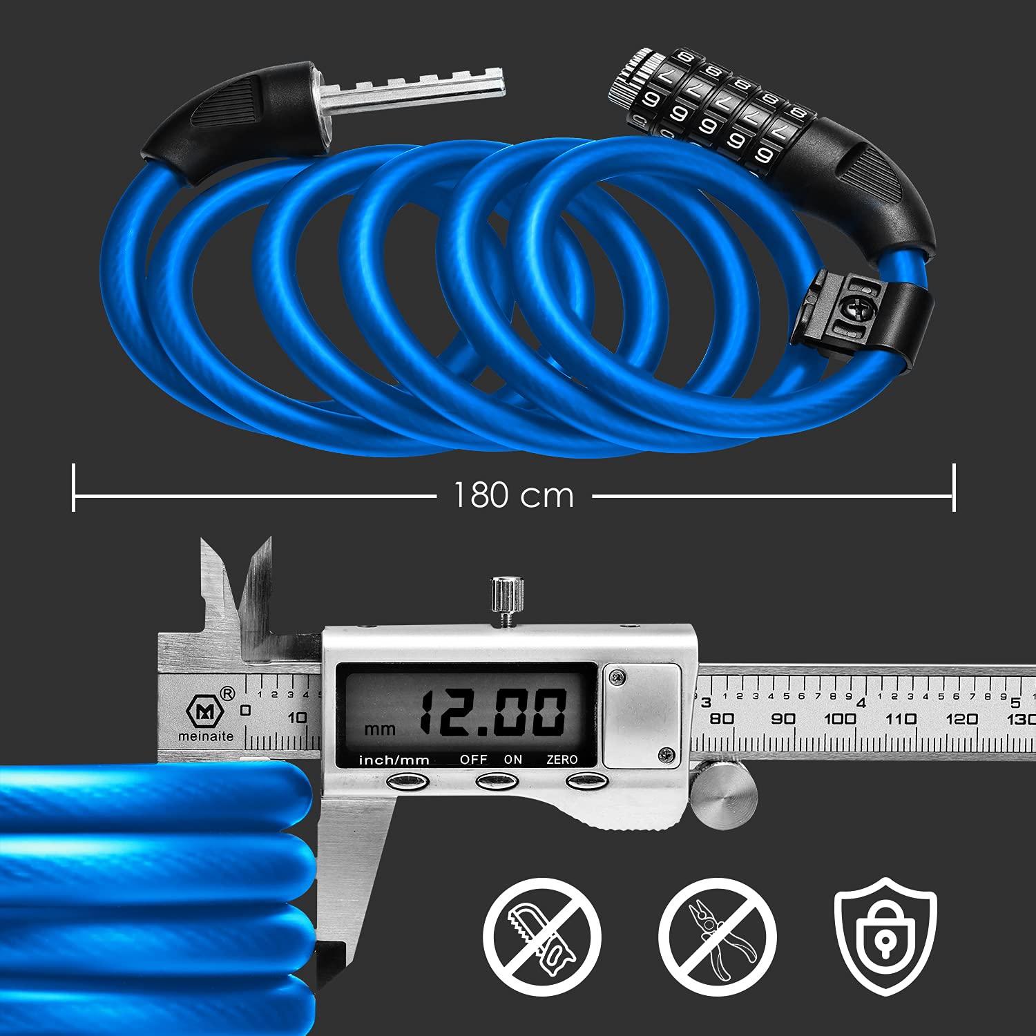 Looxmeer Lucchetto Bici cavo combinazione blu 180 cm