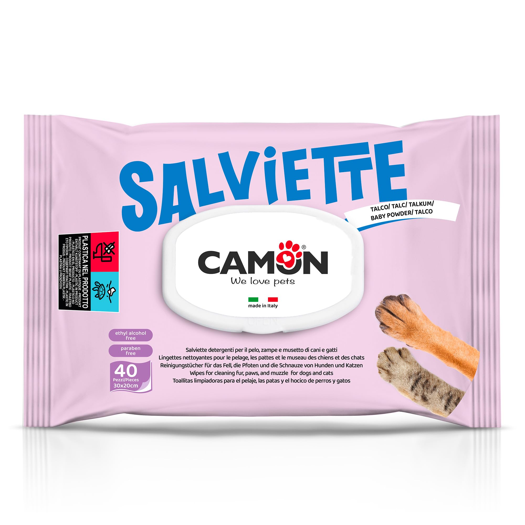 Camon Salviette Detergenti Cani e Gatti 40 Pezzi Muschio Bianco