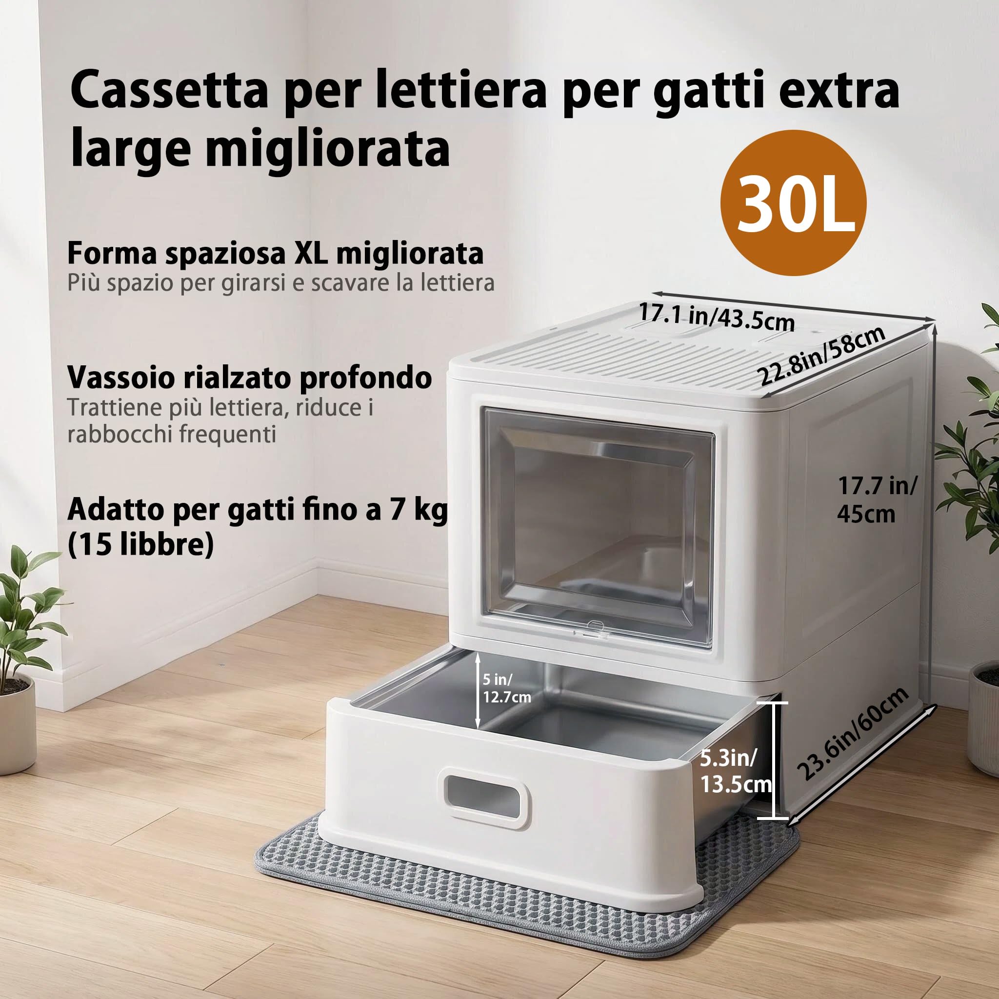 Marchul XL Lettiera Gatti Acciaio Inox Chiusa con Cassetto