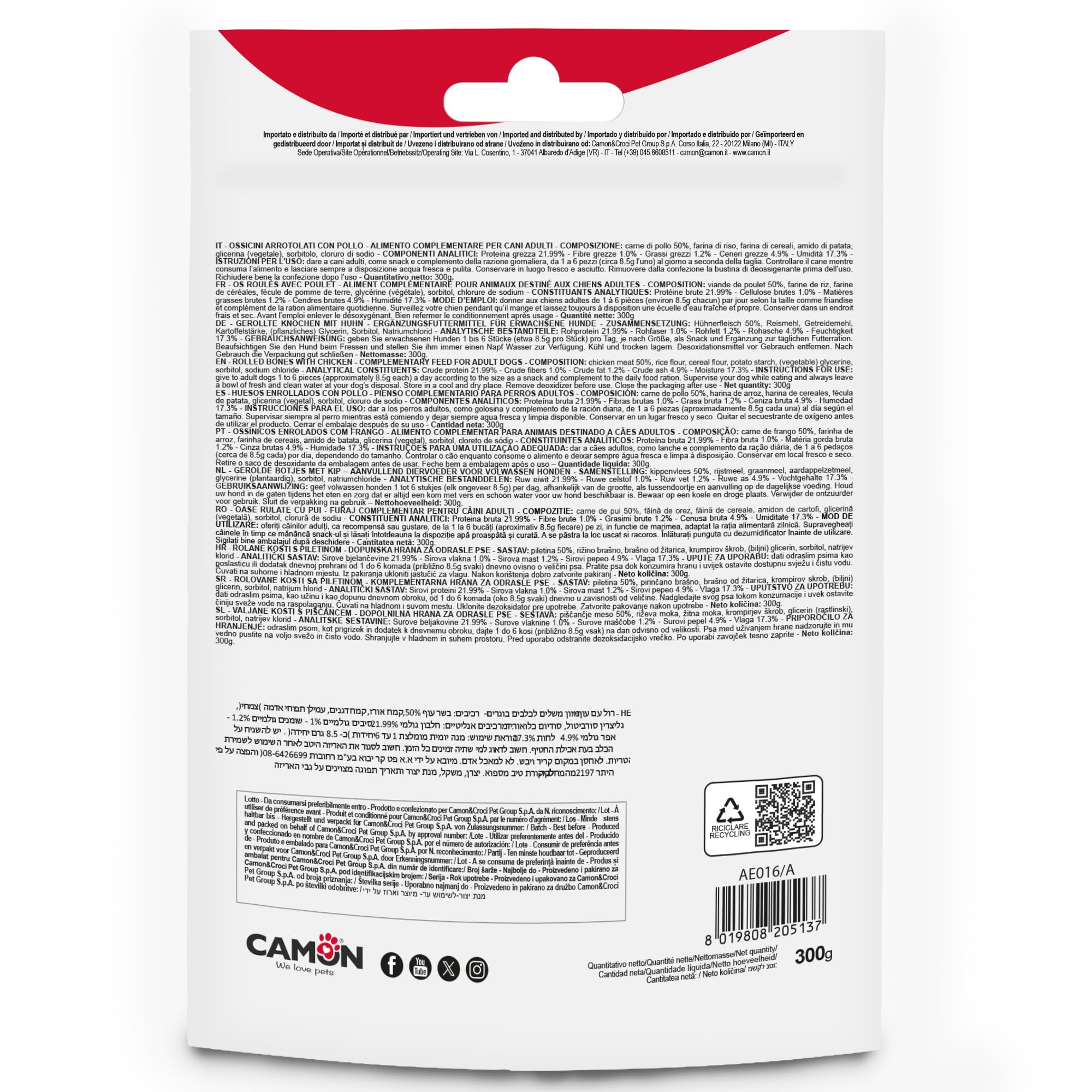 Camon Treats Snack Ossicini Pollo Cani Adulti Maxi 300 g