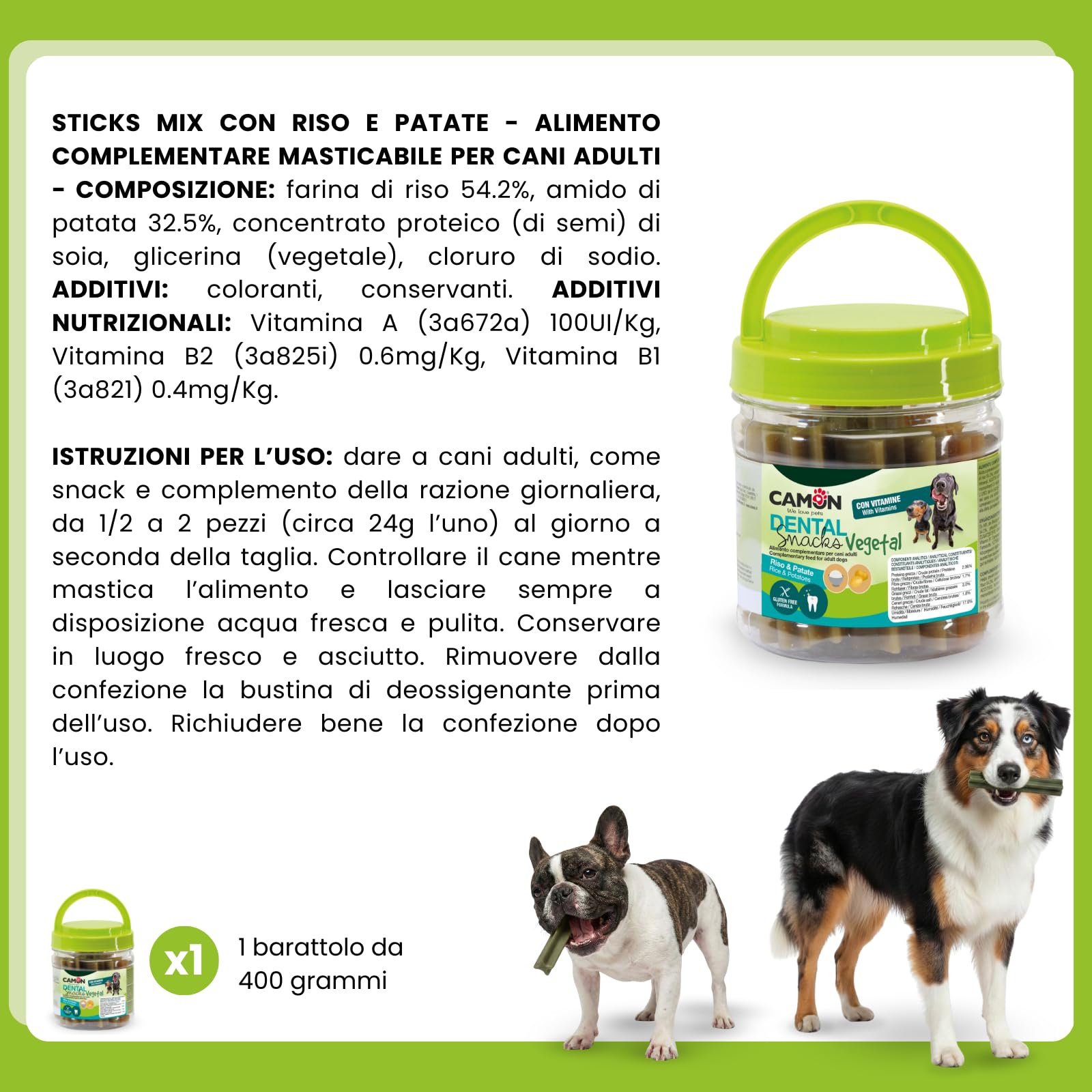 Camon Dental Snacks Vegetal Sticks Mix Snack Cani 400g Gluten Free