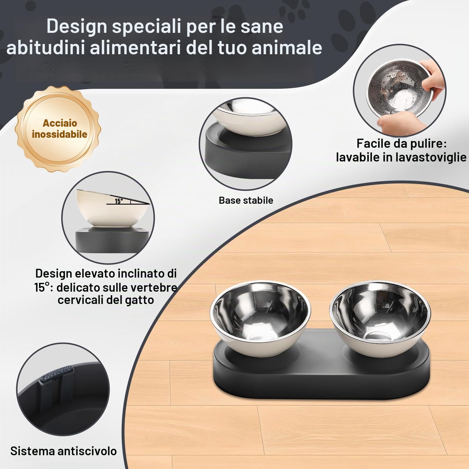 Marchul Ciotole doppie gatti acciaio inox rialzate 15°