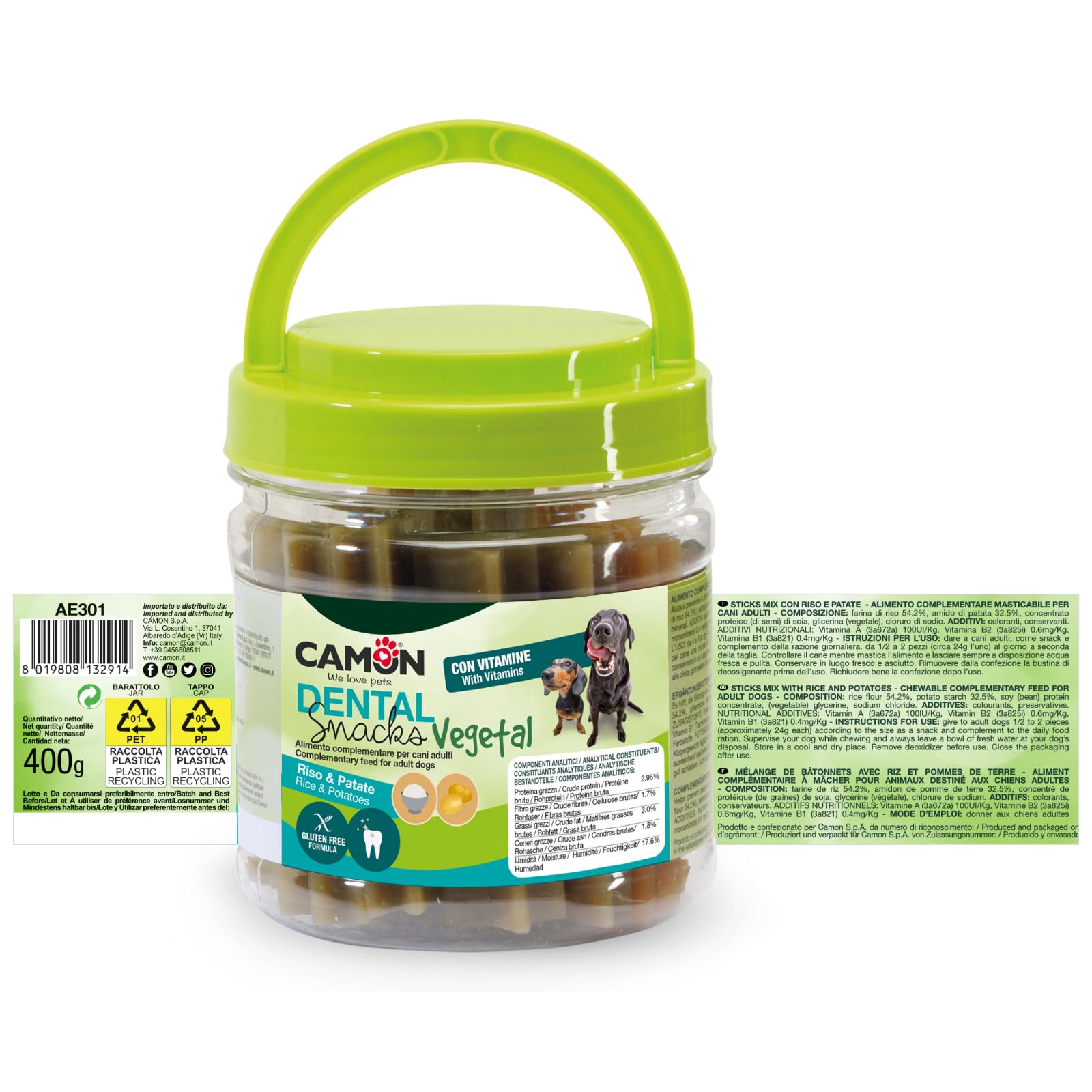 Camon Dental Snacks Vegetal Sticks Mix Snack Cani 400g Gluten Free