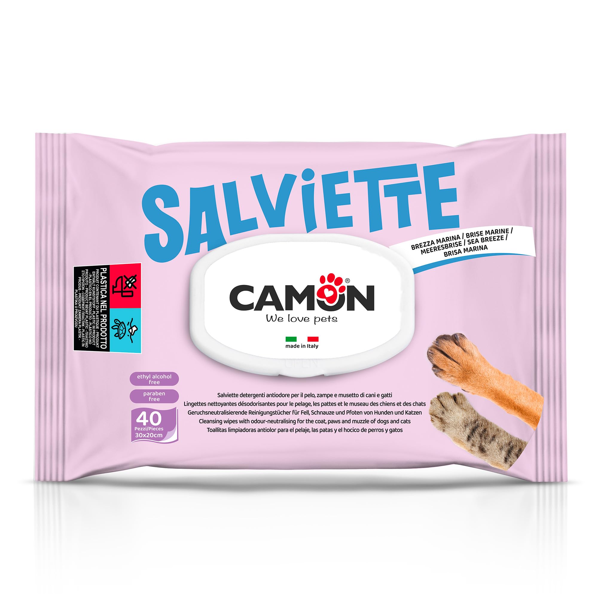 Camon Salviette Detergenti Cani e Gatti 40 Pezzi Muschio Bianco