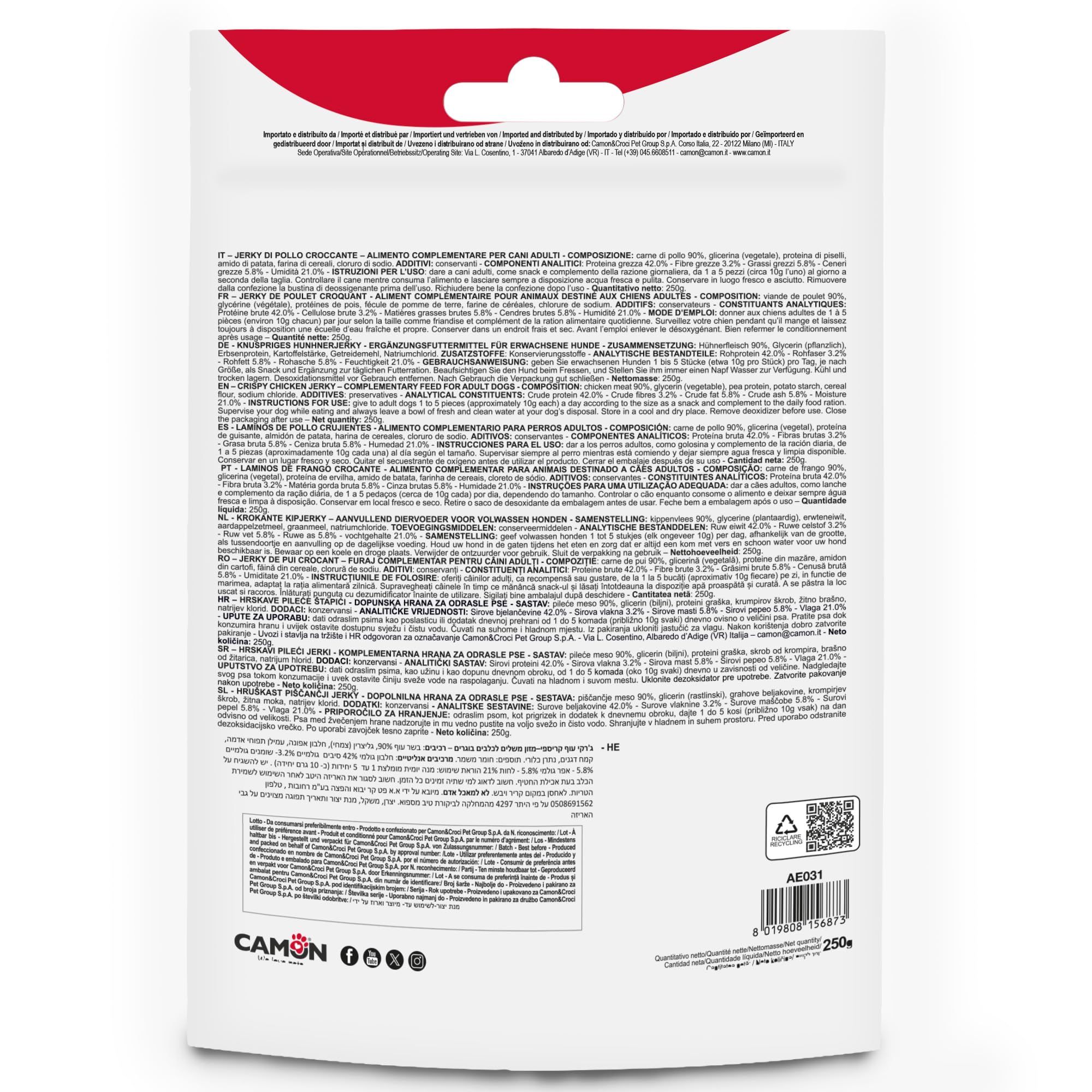 Camon Treats Snacks Jerky Pollo Snack per Cani 250 g