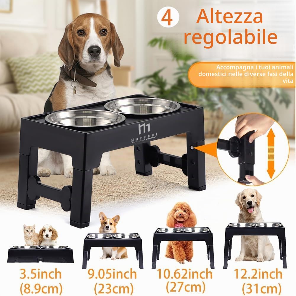 Marchul ciotole rialzate cani 4 altezze 2 inox antiscivolo