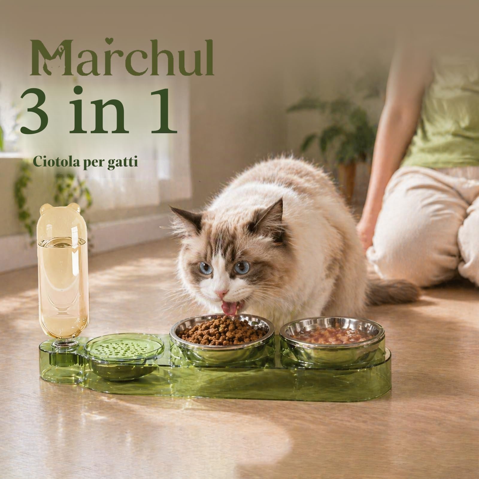 Marchul Set Ciotole Gatto 3 in 1 Rialzate con Dispenser