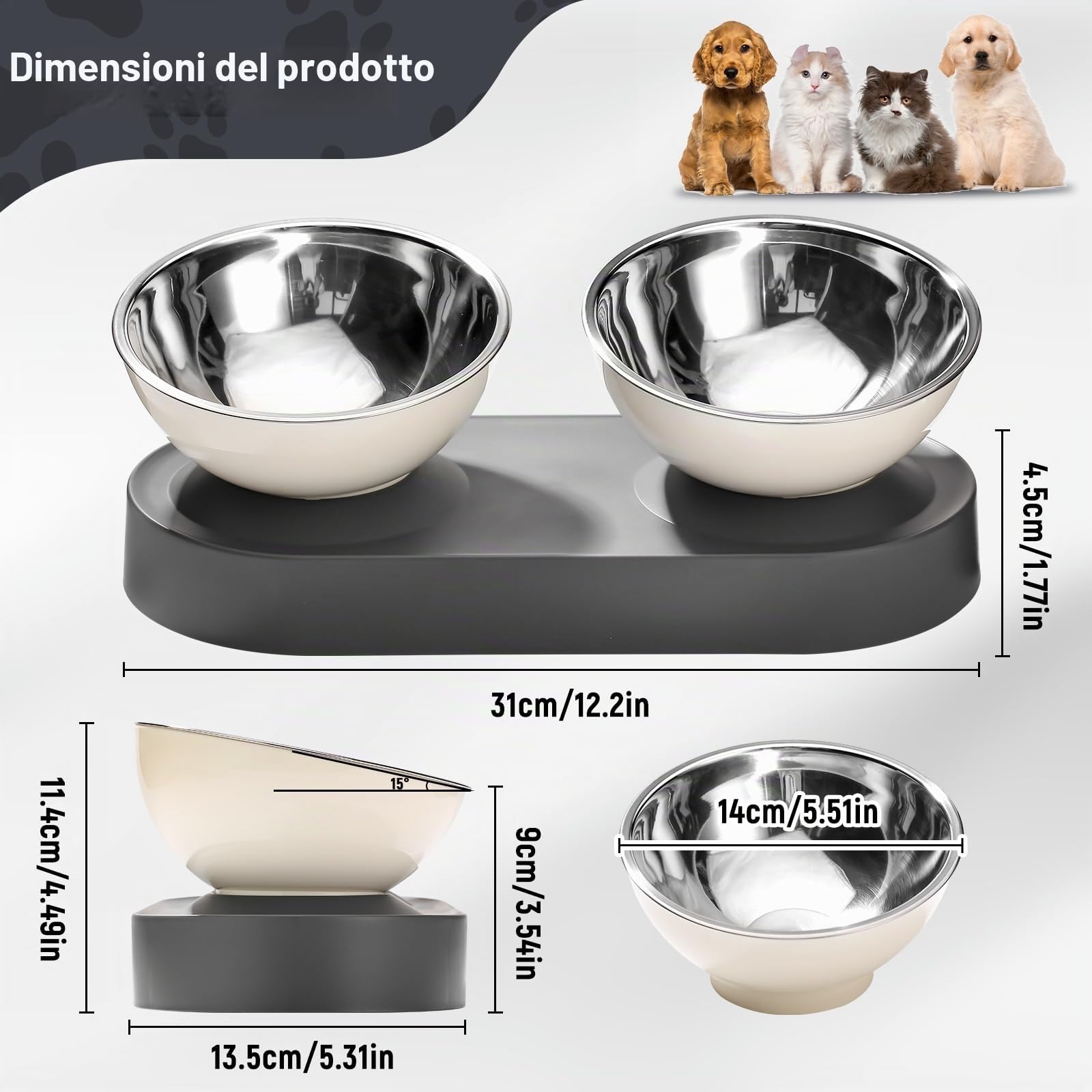 Marchul Ciotole doppie gatti acciaio inox rialzate 15°