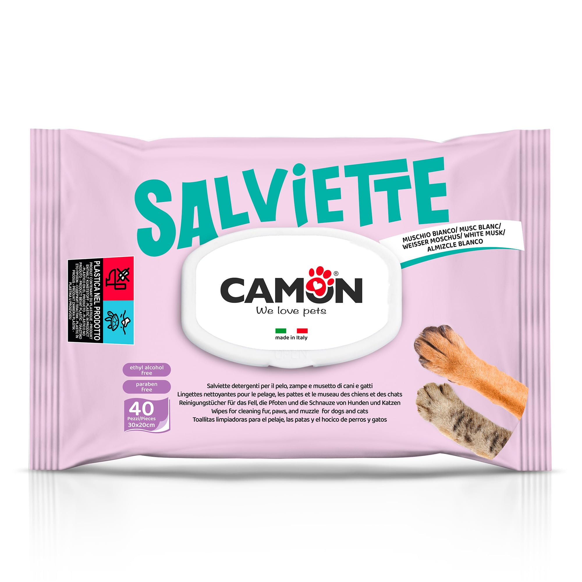 Camon Salviette Detergenti Cani e Gatti 40 Pezzi Muschio Bianco