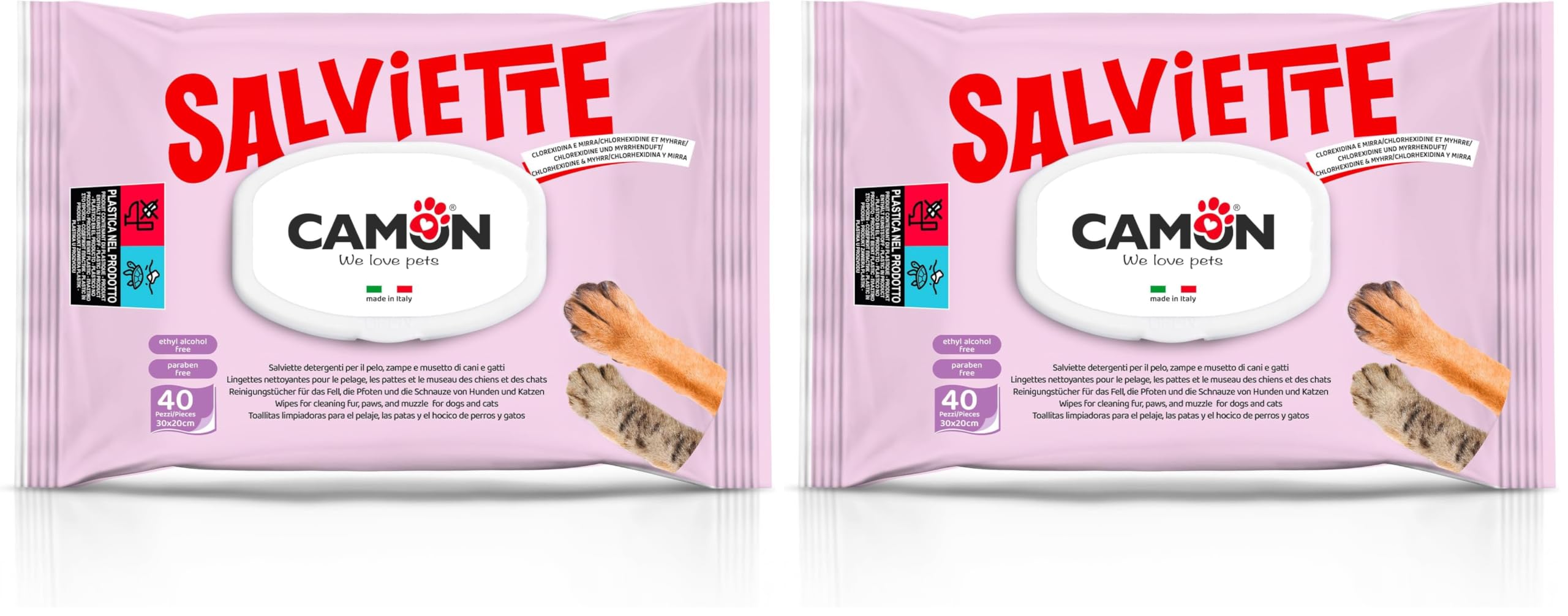 Camon Salviette Detergenti Cani e Gatti 40 Pezzi Muschio Bianco