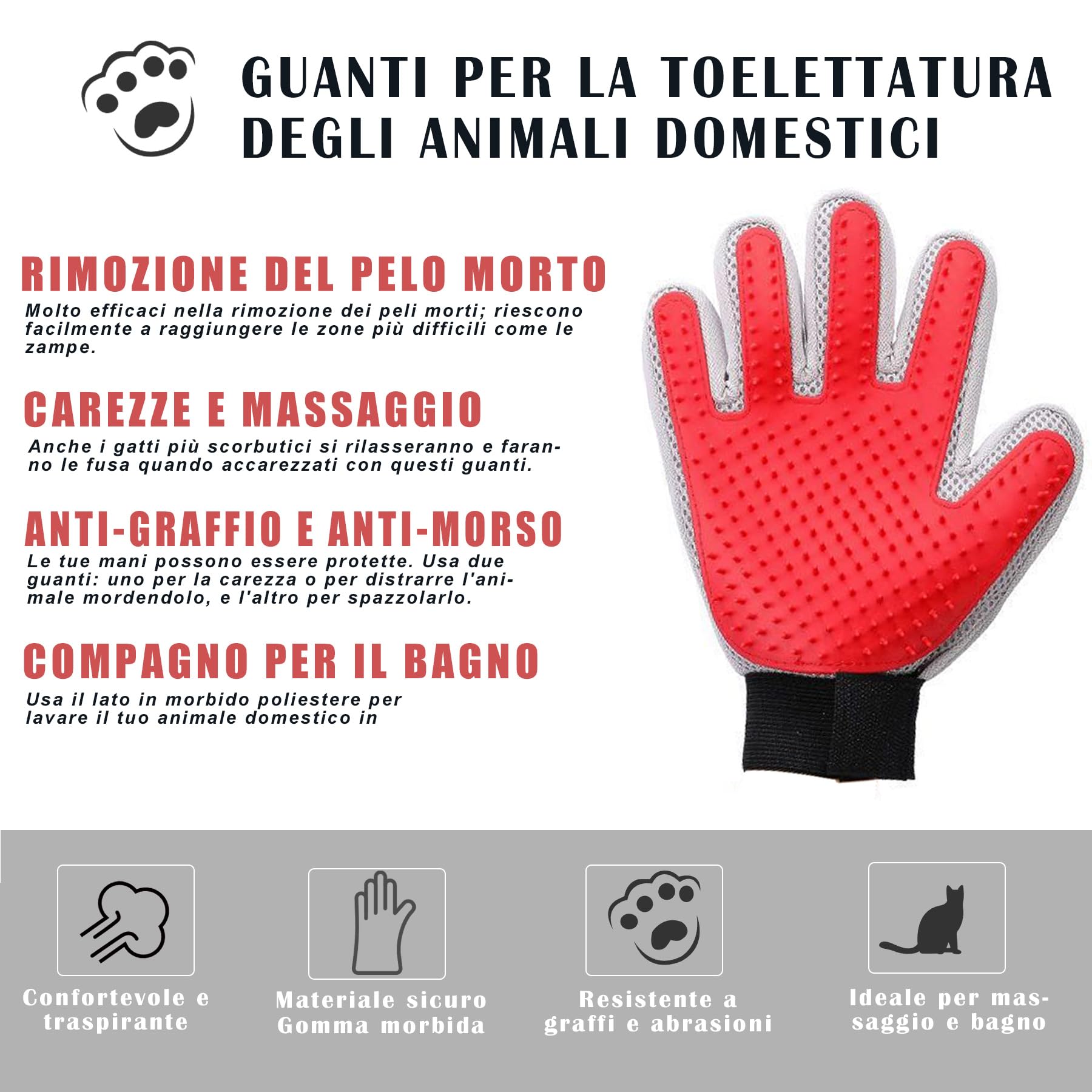 Marchul guanto toelettatura gatti rosso e grigio silicone