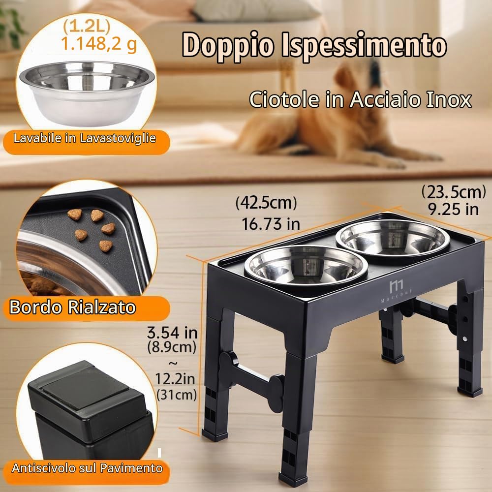 Marchul ciotole rialzate cani 4 altezze 2 inox antiscivolo